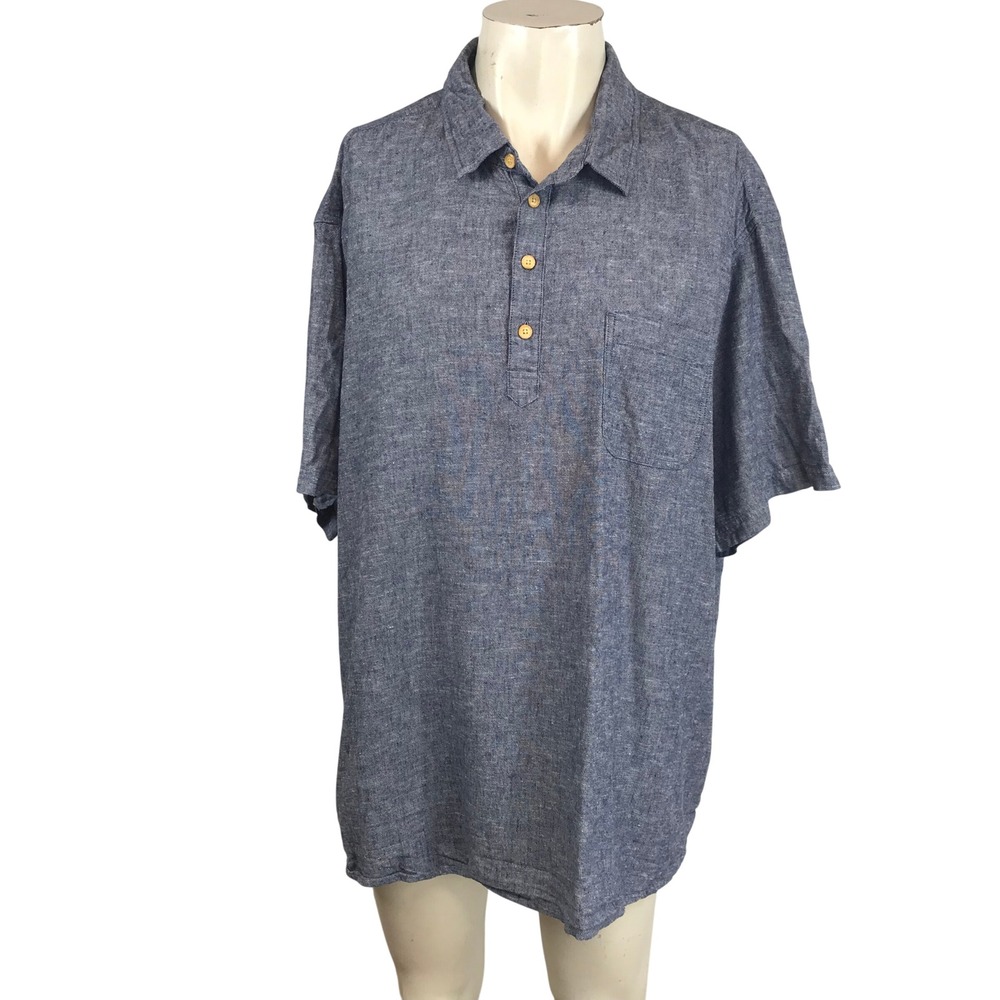 Eventide Mens 3XL Blue Linen Blend Short Sleeve Henley Polo Shirt Regular Fit